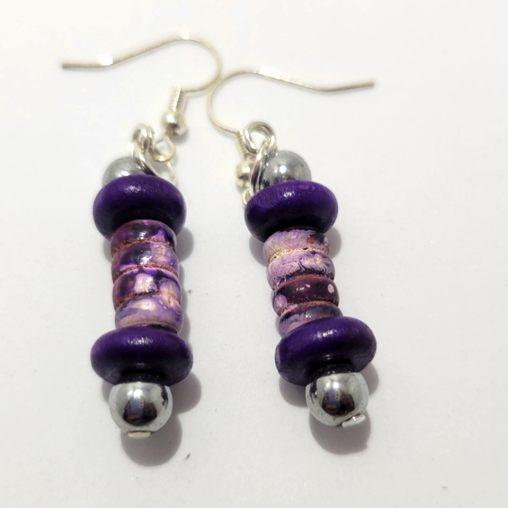 Purple Wood bead earrings